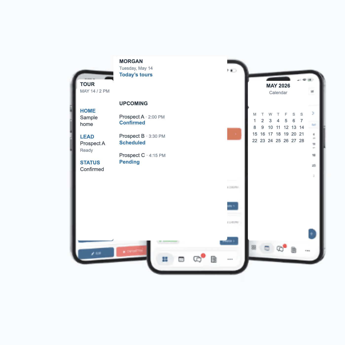 Sanitized published HappiNest mobile conversation and tour workflow demo view with fictional neutral lead and property values.