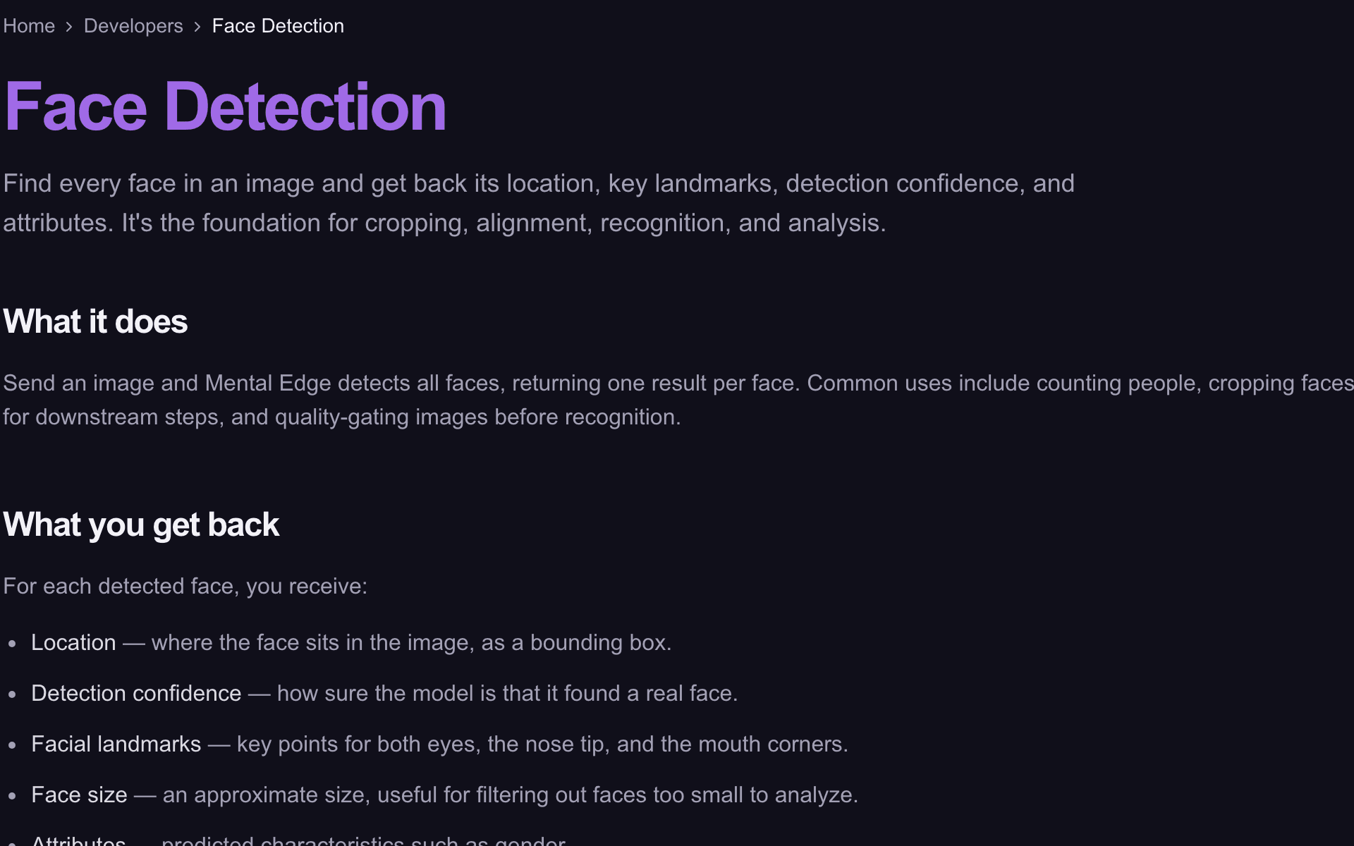 Mental Edge Face Detection developer documentation, shown without submitted media, account data, API keys, chat, pricing, or plan claims.